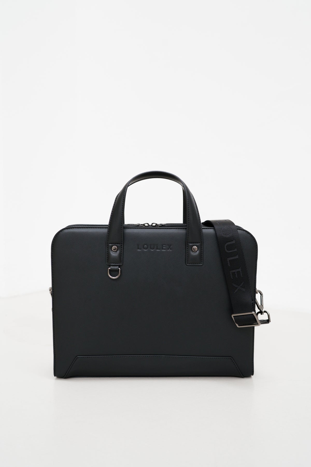 Black briefcase with visible brand logo on a white background
